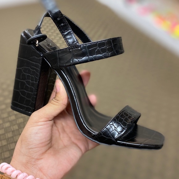 Black Croc Embossed Single Strap Chunky Heels - Picture 8 of 8